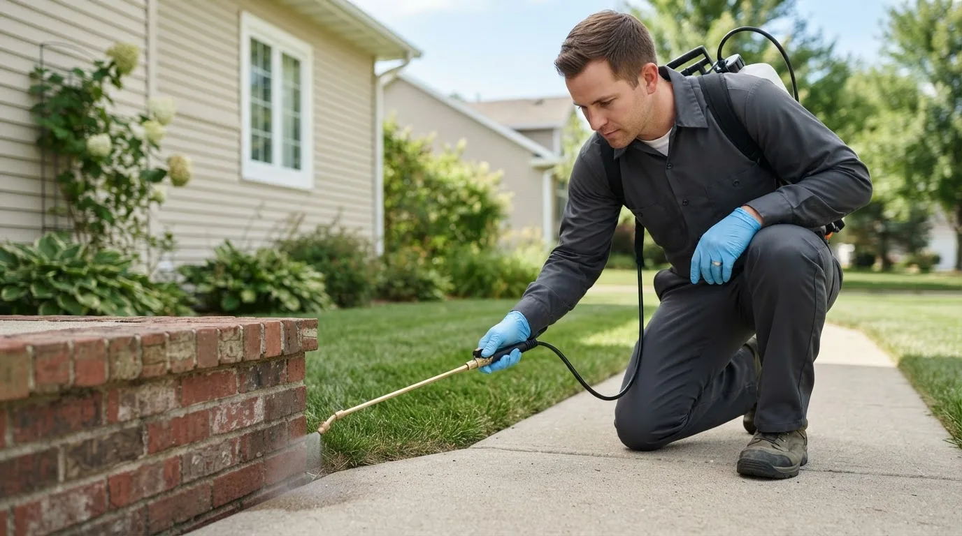 Pest control technician treating a home near Woodstock, VT